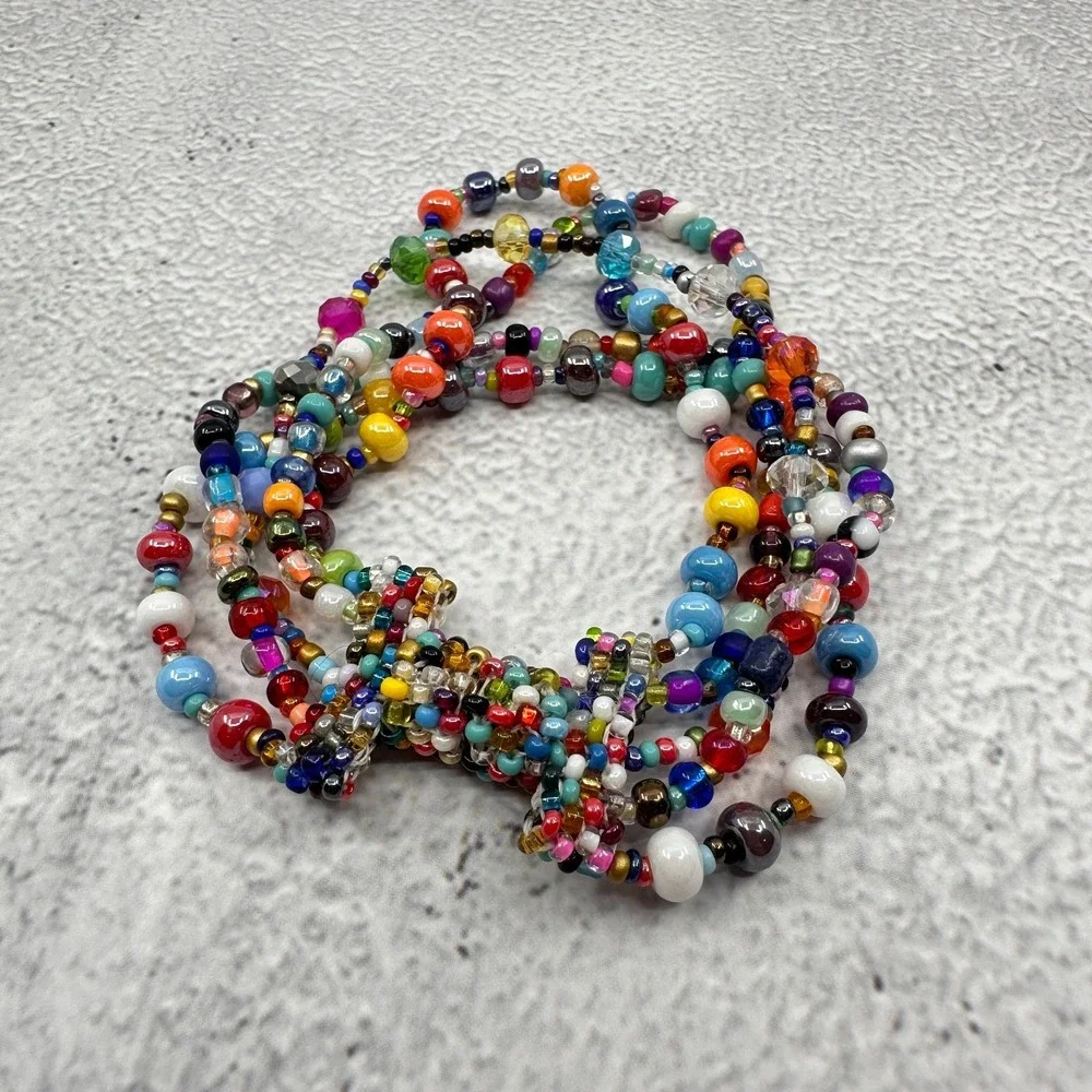 Multicolor Beaded Multi Strand Bracelet Magnetic Clasp Boho Statement Vintage